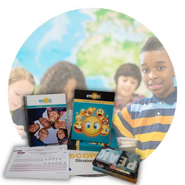 Emozi® Middle School SEL classroom package includes a teacher guide, student workbooks, poster, mentor texts and assessment forms
