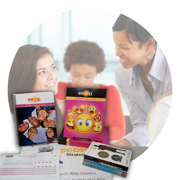Emozi® Middle School Social Emotional Learning classroom package for grade 8 includes a teacher guide, student workbooks, poster, mentor texts, and assessments